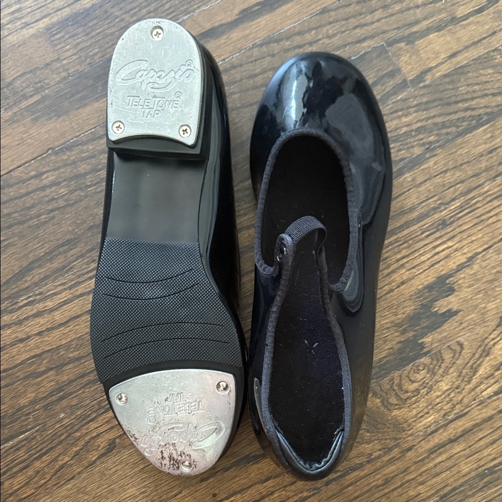 Capezio Black Patent Leather Tap Flats with Metal Taps